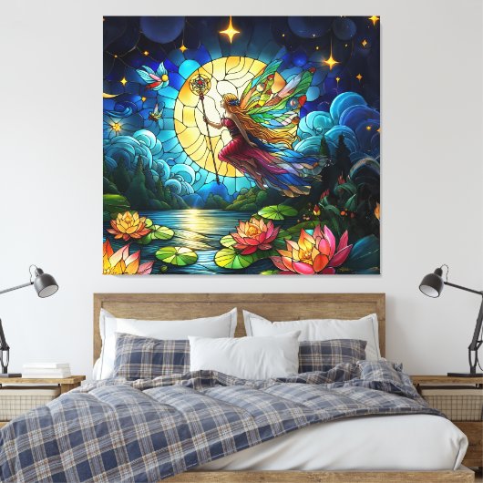 Stained Glass Moonlight Flight Fairy Canvas Afdruk (Insitu (Slaapkamer))