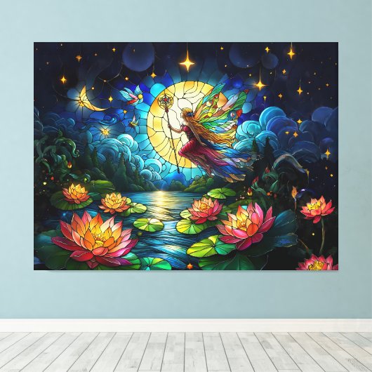 Stained Glass Moonlight Flight Fairy Canvas Afdruk (Insitu (Houten vloer))