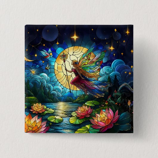 Stained Glass Moonlight Flight Fairy  Vierkante Button 5,1 Cm (Voorkant)