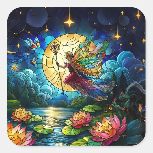 Stained Glass Moonlight Flight Fairy Vierkante Sticker (Voorkant)