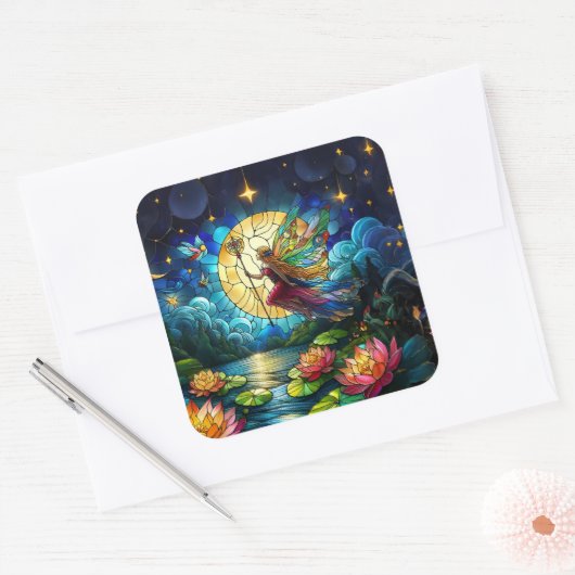 Stained Glass Moonlight Flight Fairy  Vierkante Sticker (Envelop)