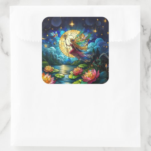 Stained Glass Moonlight Flight Fairy  Vierkante Sticker (Tas)
