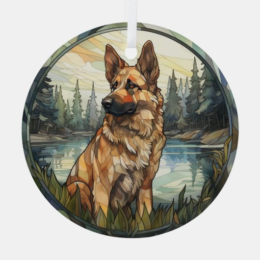 Stained Glass Mountain German Shepherd Dog Glas Ornament (Achterkant)