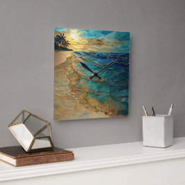 Stained Glass Ocean Beach Wall Clock Vierkante Klok