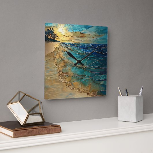 Stained Glass Ocean Beach Wall Clock Vierkante Klok (Kantoor)