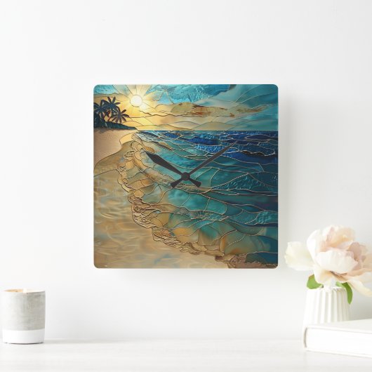 Stained Glass Ocean Beach Wall Clock Vierkante Klok (Huis)