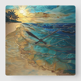 Stained Glass Ocean Beach Wall Clock Vierkante Klok