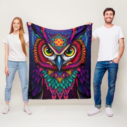 Stained Glass Owl Art: Geometric Jewel Tones Fleece Deken (In situ)