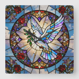 Stained Glass Peace Dove Wall Clock Vierkante Klok