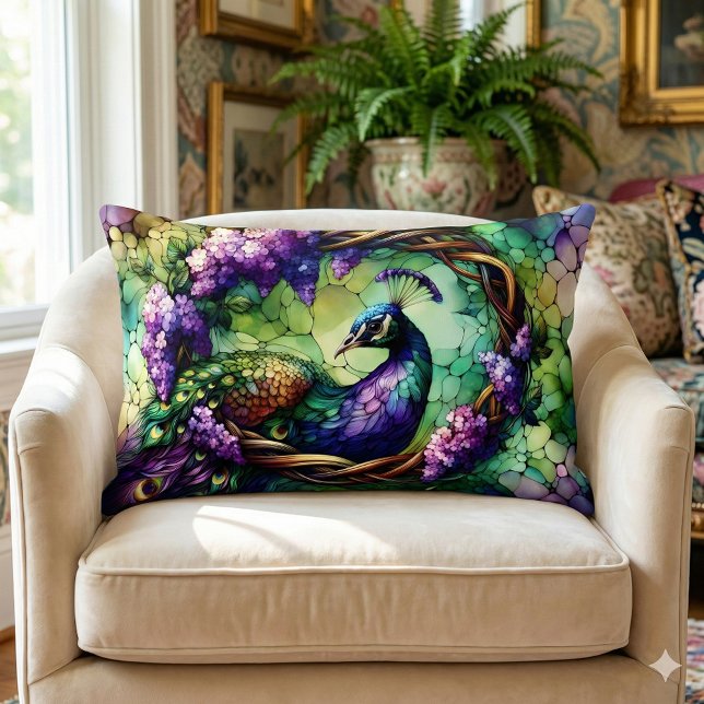 Stained Glass Peacock Floral Wreath Art Kussen (Stained Glass Peacock Floral Wreath Art Lumbar Pillow Mockup A)
