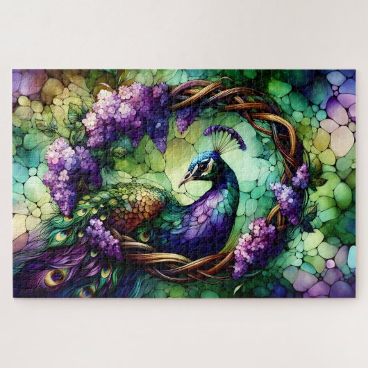 Stained Glass Peacock Floral Wreath Art Legpuzzel (Horizontaal)