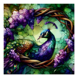 Stained Glass Peacock Floral Wreath Art Perfect Poster