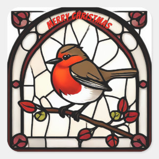  Stained Glass Robin Redbreast "Merry Christmas" Vierkante Sticker