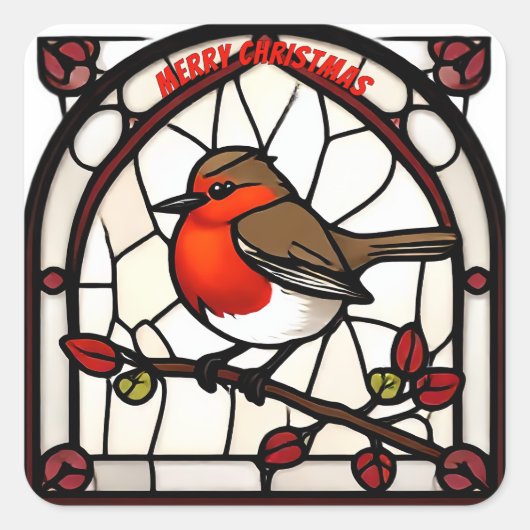  Stained Glass Robin Redbreast "Merry Christmas" Vierkante Sticker (Voorkant)