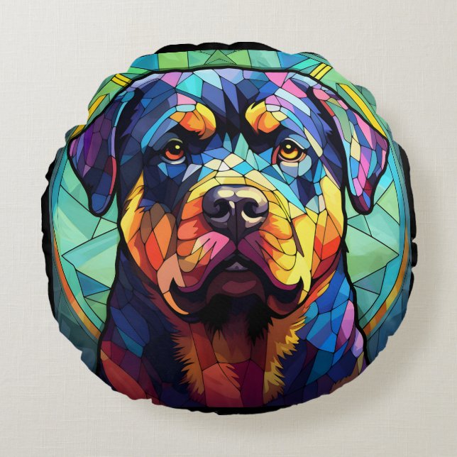 Stained Glass Rottweiler  Rond Kussen (Voorkant)