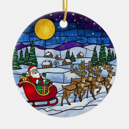 Stained Glass Santa & Reindeer Sleigh Ride Keramisch Ornament (Voorkant)