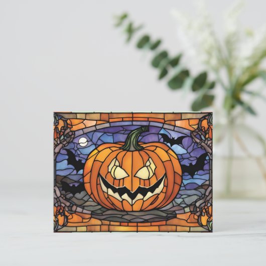 Stained Glass Scary Halloween Pumpkin, Bats Feestdagenkaart (Staand voorkant)