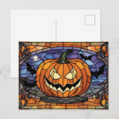 Stained Glass Scary Halloween Pumpkin, Bats Feestdagenkaart (Voorkant / Achterkant)