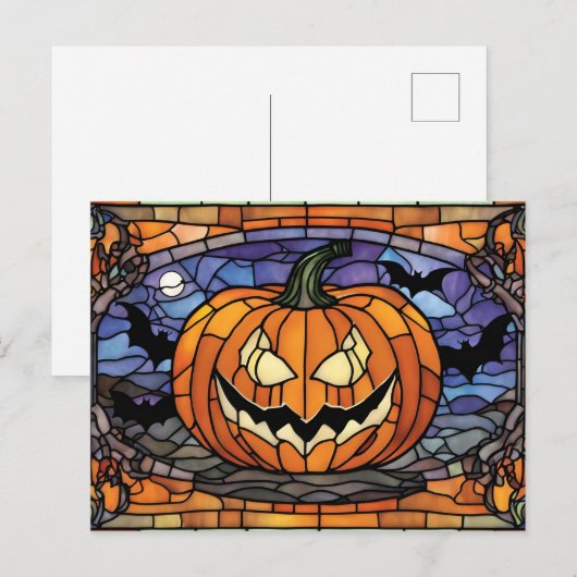 Stained Glass Scary Halloween Pumpkin, Bats Feestdagenkaart (Voorkant / Achterkant)