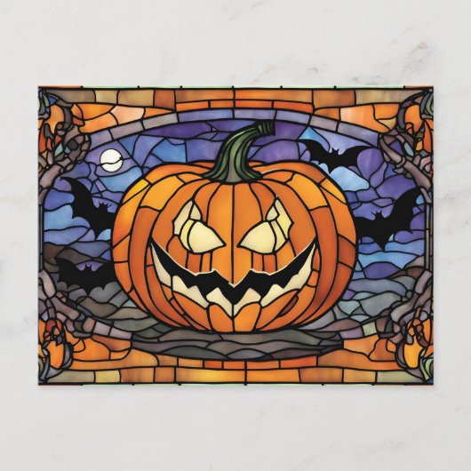 Stained Glass Scary Halloween Pumpkin, Bats Feestdagenkaart (Voorkant)