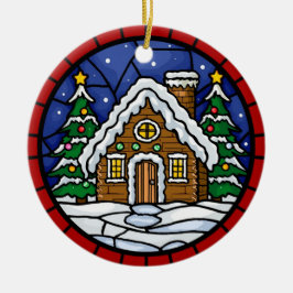 Stained Glass Snowy Cabin Keramisch Ornament