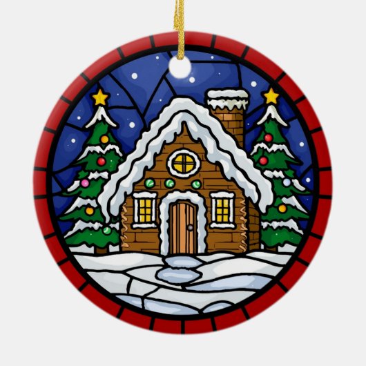 Stained Glass Snowy Cabin Keramisch Ornament (Achterkant)