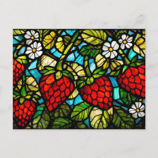 Stained Glass Strawberries, Leaves and Flowers  Feestdagenkaart