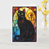 Stained Glass Style Charming Black Cat Kaart (Gele Bloem)