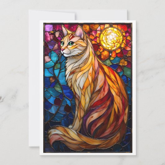 Stained Glass Style Fluffy Orange and White Cat  Kaart (Voorkant)
