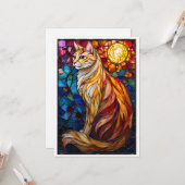 Stained Glass Style Fluffy Orange and White Cat  Kaart (Voorkant / Achterkant in situ)