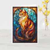 Stained Glass Style Fluffy Orange Cat  Kaart (Gele Bloem)