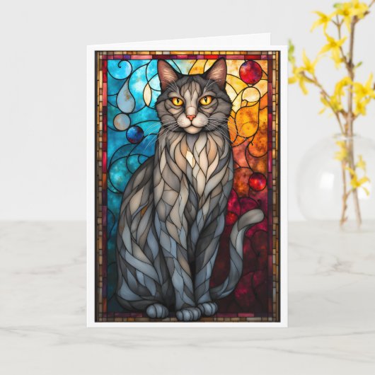 Stained Glass Style Gray Cat Kaart (Gele Bloem)