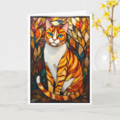 Stained Glass Style Orange Cat Blue Eyes Kaart (Gele Bloem)