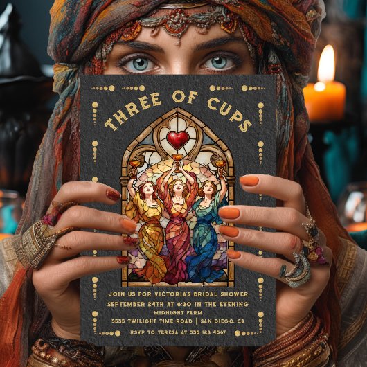 Stained Glass Three of Cups Bridal Shower Tarot Kaart