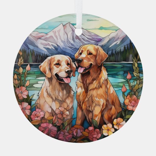 Stained Glass Two Golden Retriever Dogs Glas Ornament (Achterkant)
