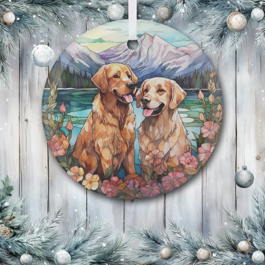 Stained Glass Two Golden Retriever Dogs Glas Ornament