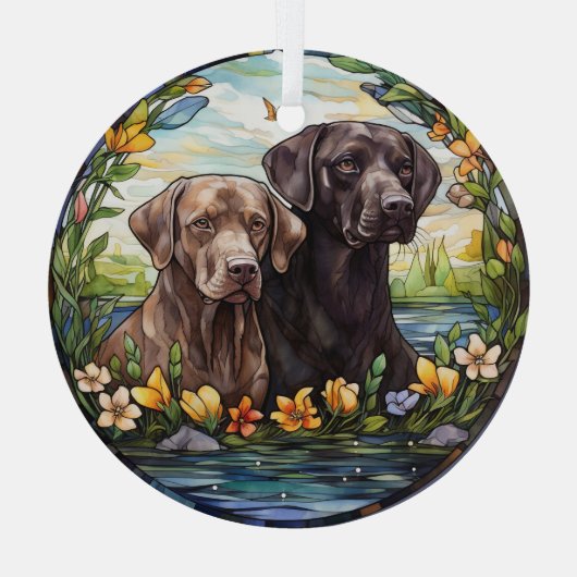 Stained Glass Two Labrador Retriever Dogs Glas Ornament (Achterkant)