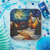 Stained Glass Winter Village Papieren Bordje (Feest)