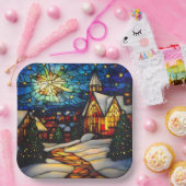 Stained Glass Winter Village Papieren Bordje (Feest)