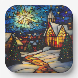 Stained Glass Winter Village Papieren Bordje