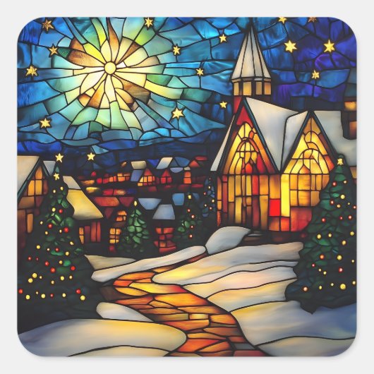Stained Glass Winter Village Vierkante Sticker (Voorkant)