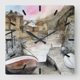 Staithes, North Yorkshire, Waterverf Engeland Vierkante Klok
