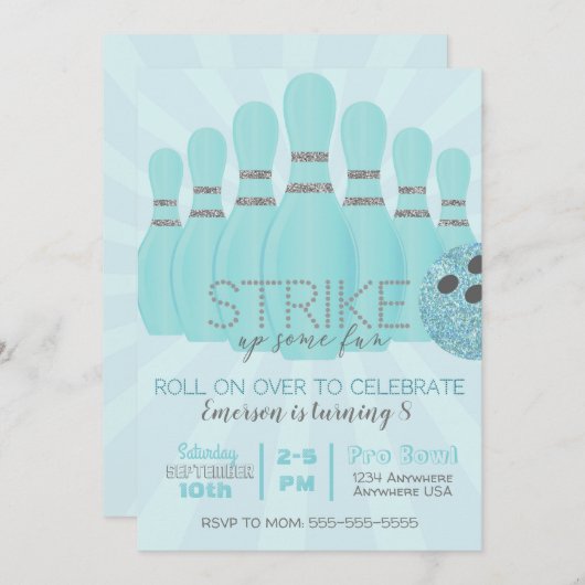 staking van de Blauwgroen Bowling Birthday Party; Kaart (Voorkant / Achterkant)