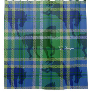 Stal gepersonaliseerde blauwe & groene preppy ruit douchegordijn