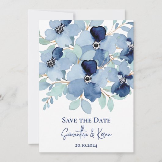 Stale Blauwe Bloemen Bruiloft Save The Date (Voorkant)