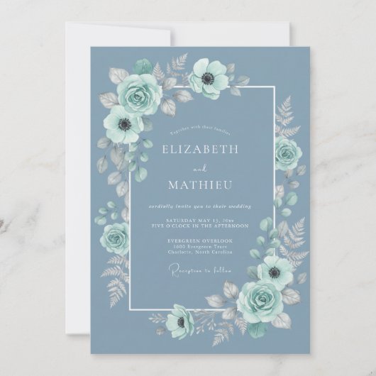 Stalen Blau Serene Botanische Bruiloft Kaart (Voorkant)