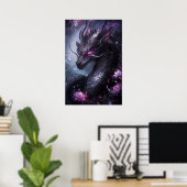 Stalen draak in bloemen - Dark Cool Poster (Thuiskantoor)