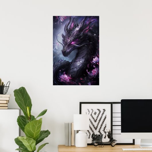Stalen draak in bloemen - Dark Cool Poster (Thuiskantoor)