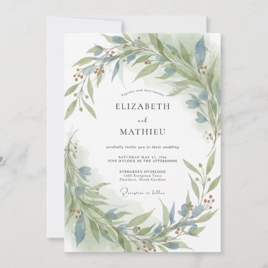 Stalen Olijfblad Eucalyptus Bruiloft Kaart (Voorkant)