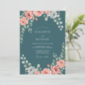 Stalen Perzik Ranunculus Eucalyptus Bruiloft Kaart (Staand voorkant)